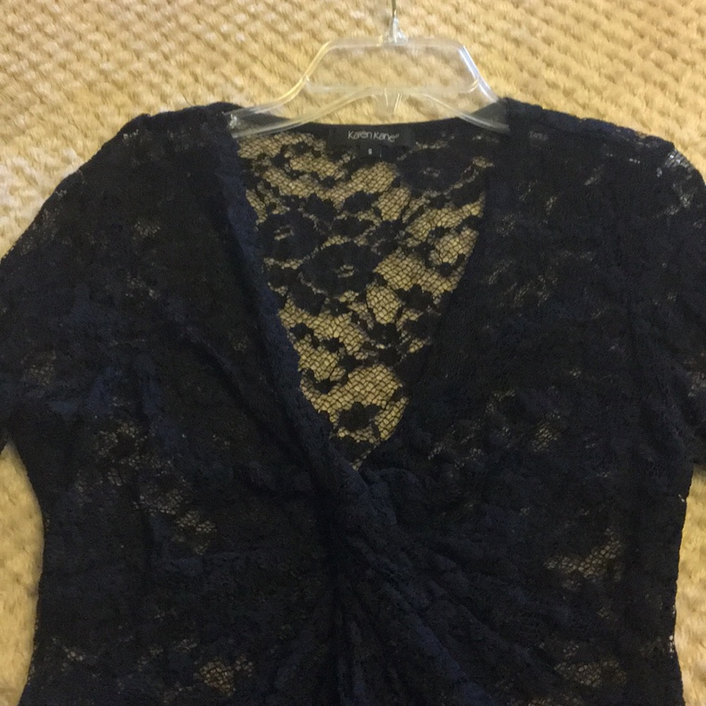 Black V neck, knot front lace long sleeve top - Picture 2 of 5